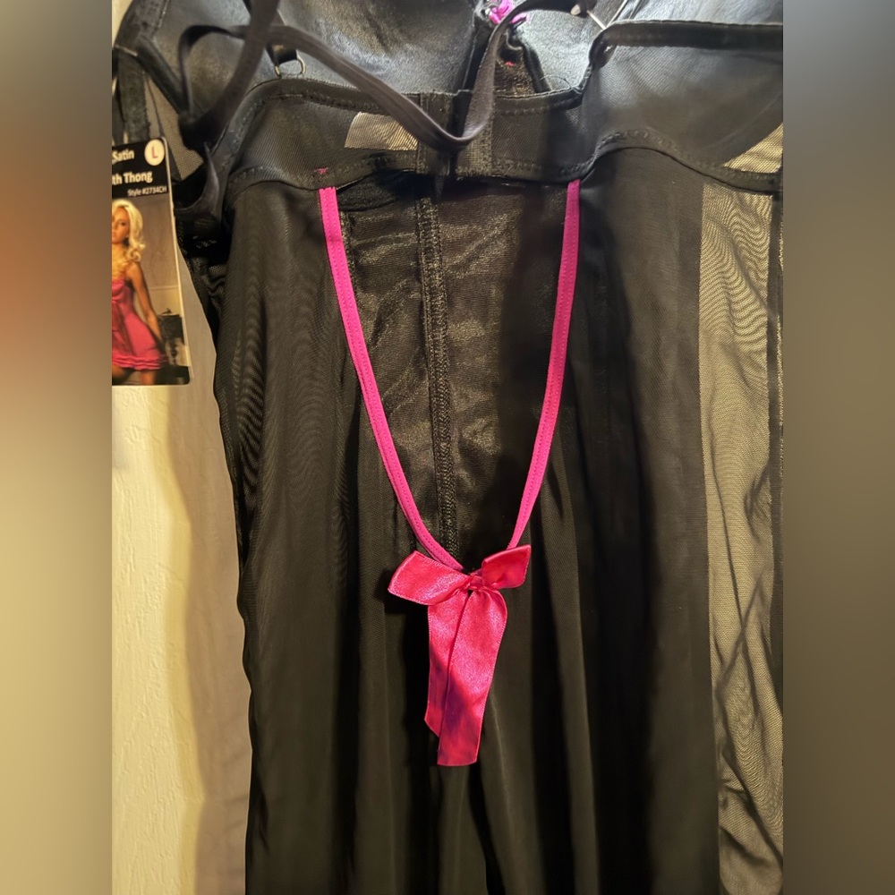 NWT Satin Black and Pink Chemise with Lace Trim and Panties - Picture 6 of 8